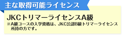 主な取得可能ライセンス JKCトリマーライセンスA級 ※A級コースの入学資格は、JKC公認B級トリマーライセンス　所持の方です。